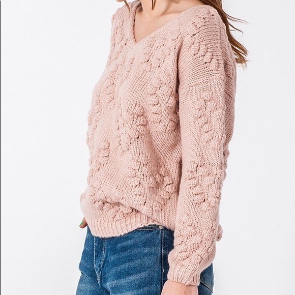 $ FIRM 🌷Mauve Heart Pom Pom Chunky Knit Sweater - Picture 2 of 5